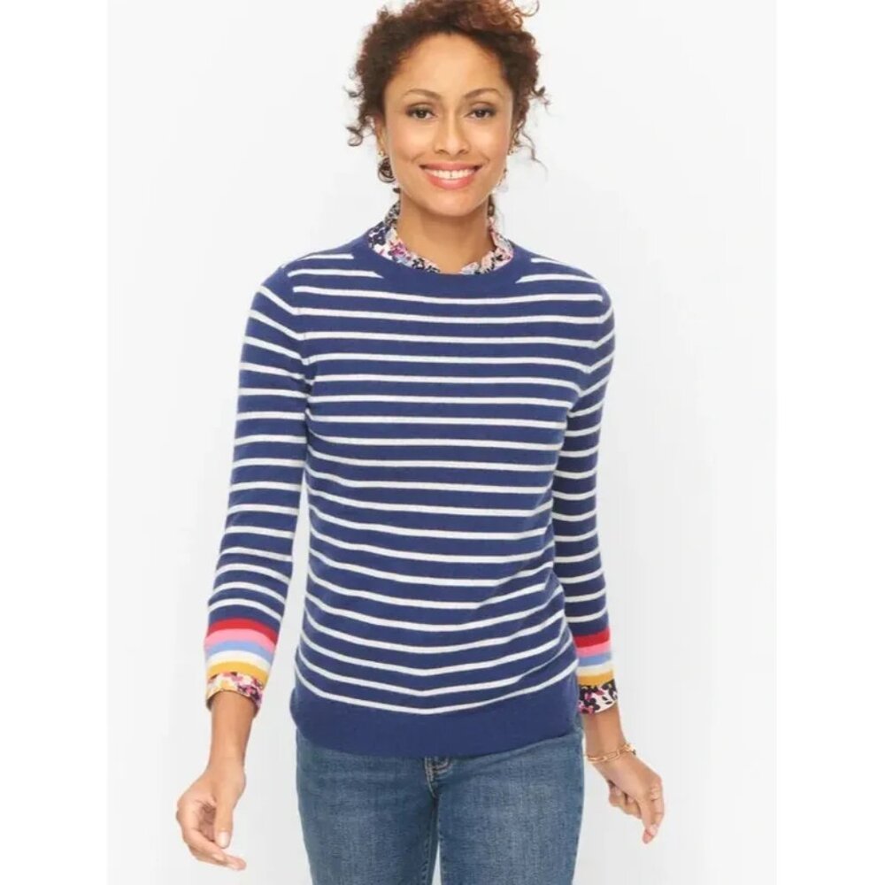 Talbots Audrey 100% Cashmere Striped Sweater Navy Blue White Rainbow Cuffs XL 16